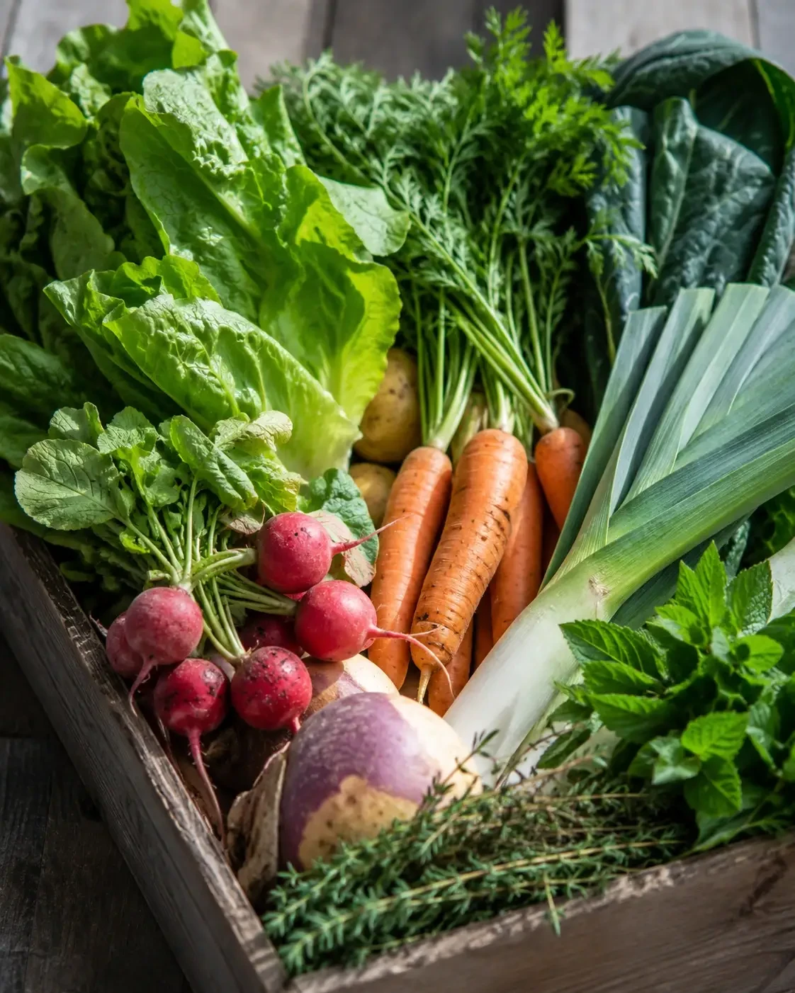 A wooden crate filled with leafy greens, carrots, radishes and other vegetables