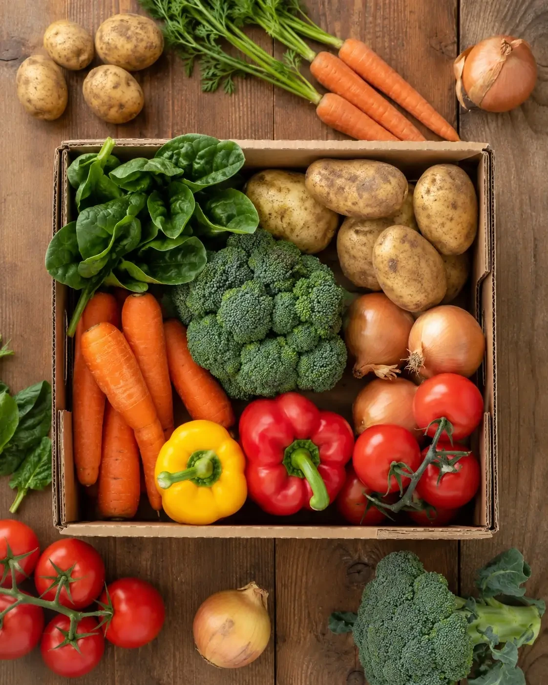 Vegetables arranged in and around a wooden produce box