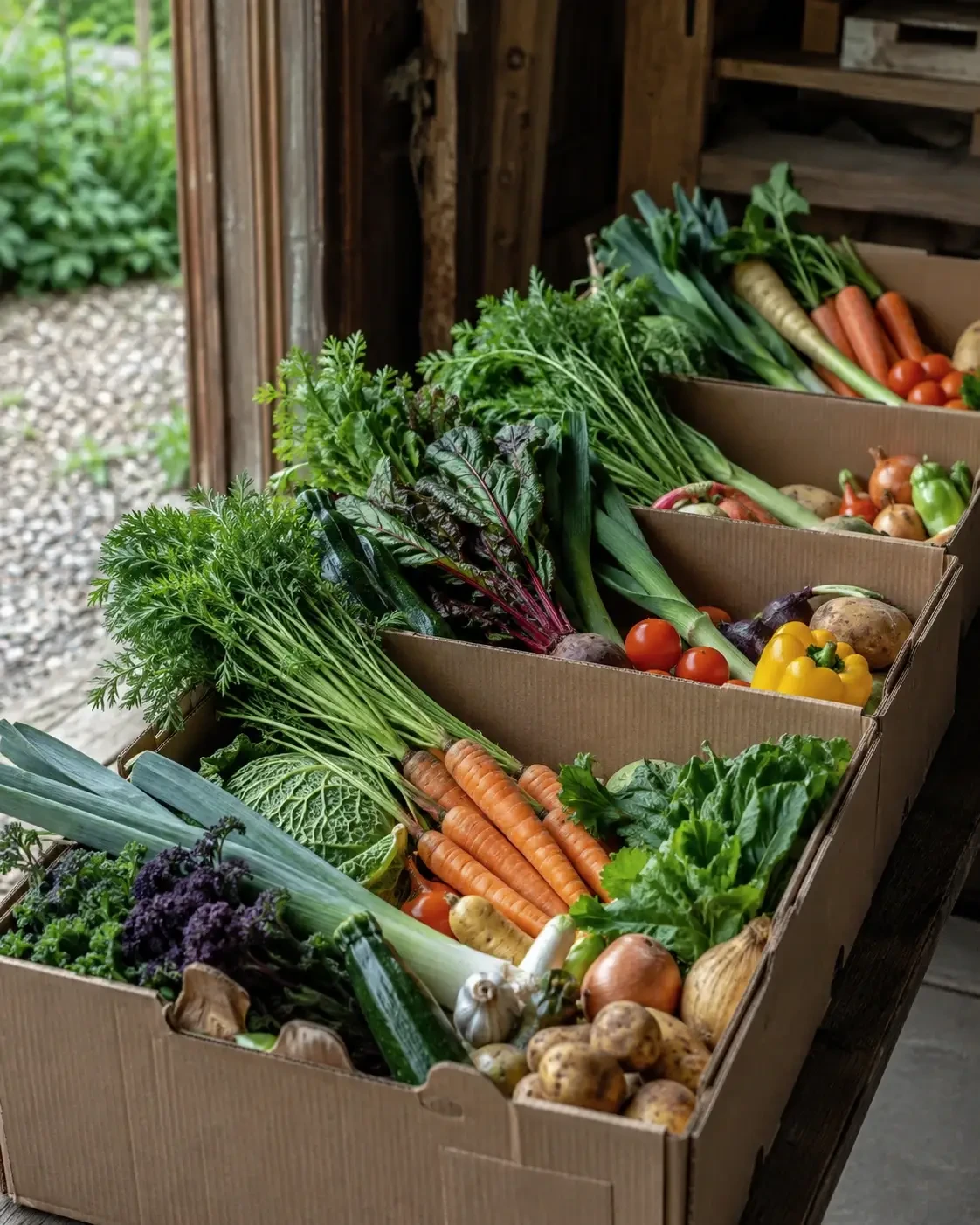 Boxes of fresh vegetables arranged outside a building
