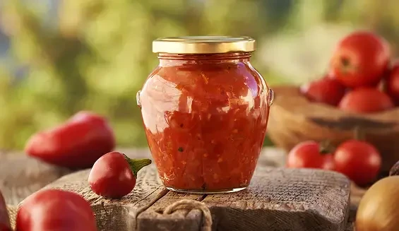 A jar of red relish beside tomatoes and peppers
