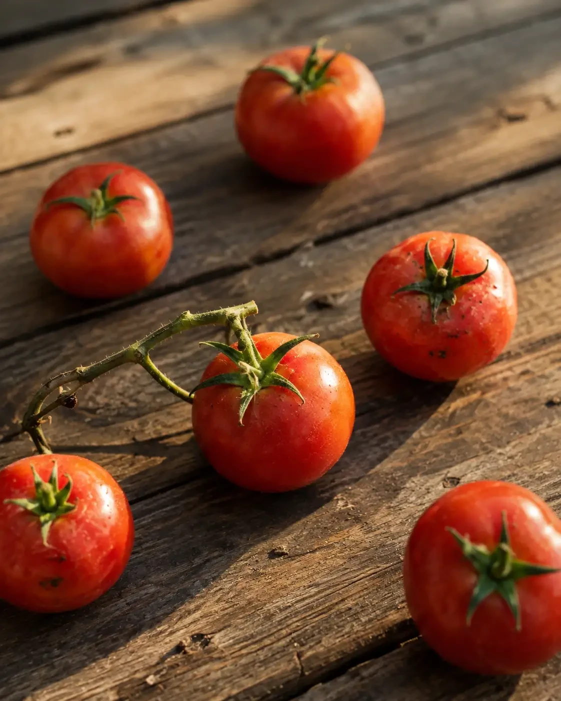 Red tomatoes scattered across a wooden table