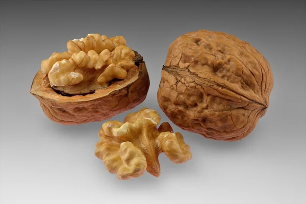 Whole and opened walnuts with a halved kernel