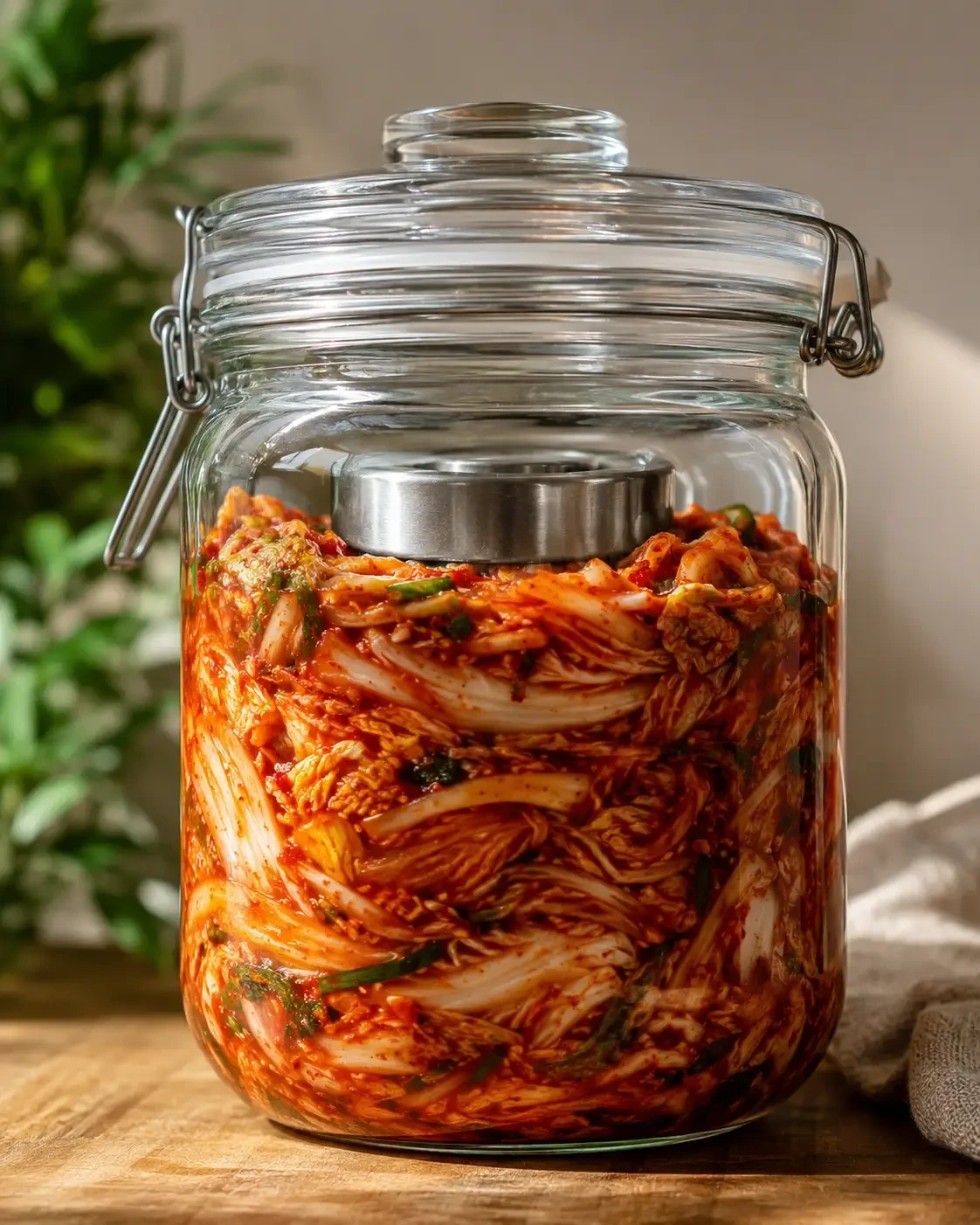 A large jar of kimchi with a metal weight inside