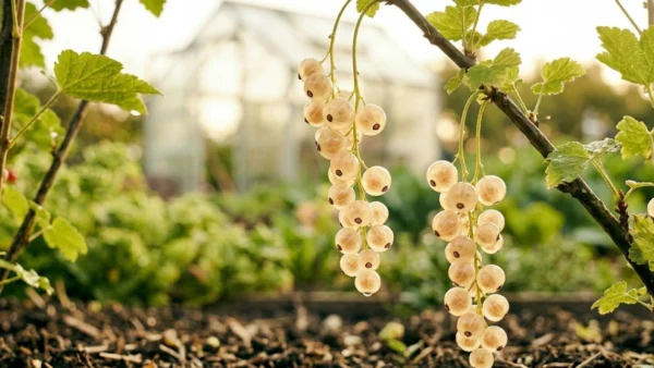 BFFD illustration of pale whitecurrant strigs hanging among garden foliage