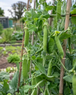 Pea plants carrying green pods on a cane support