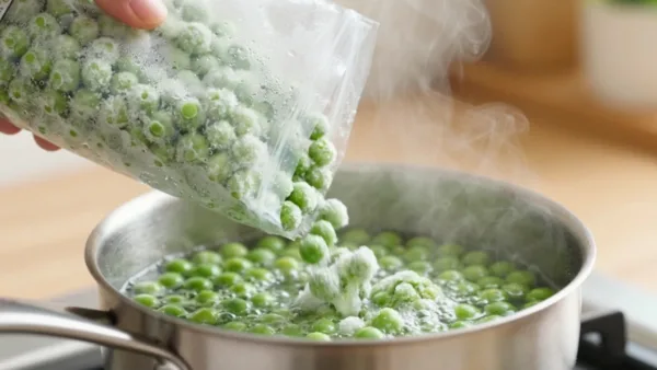 Frozen peas being tipped into a saucepan