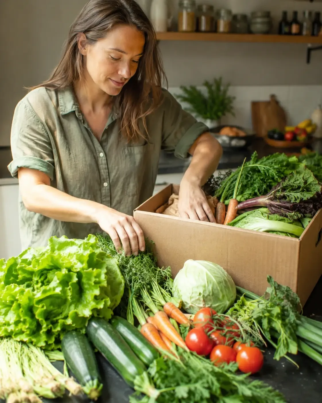 A woman unpacking a box of fresh vegetables in a kitchen