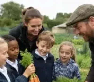 Farmer teaching five primary school children outdoors in a field, holding fresh carrots during a farm education visit