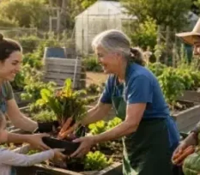 Community gardeners sharing freshly harvested vegetables and leafy greens in a sunny allotment garden