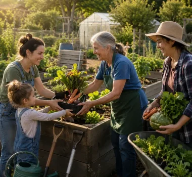 Community gardeners sharing freshly harvested leafy greens and vegetables in a sunny allotment garden