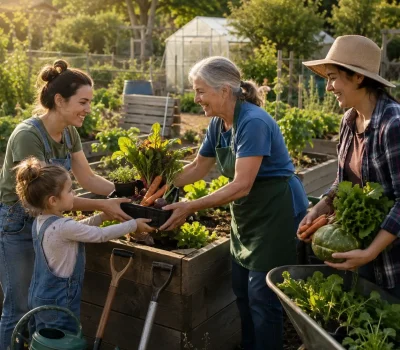 Community gardeners sharing freshly harvested leafy greens and vegetables in a sunny allotment garden